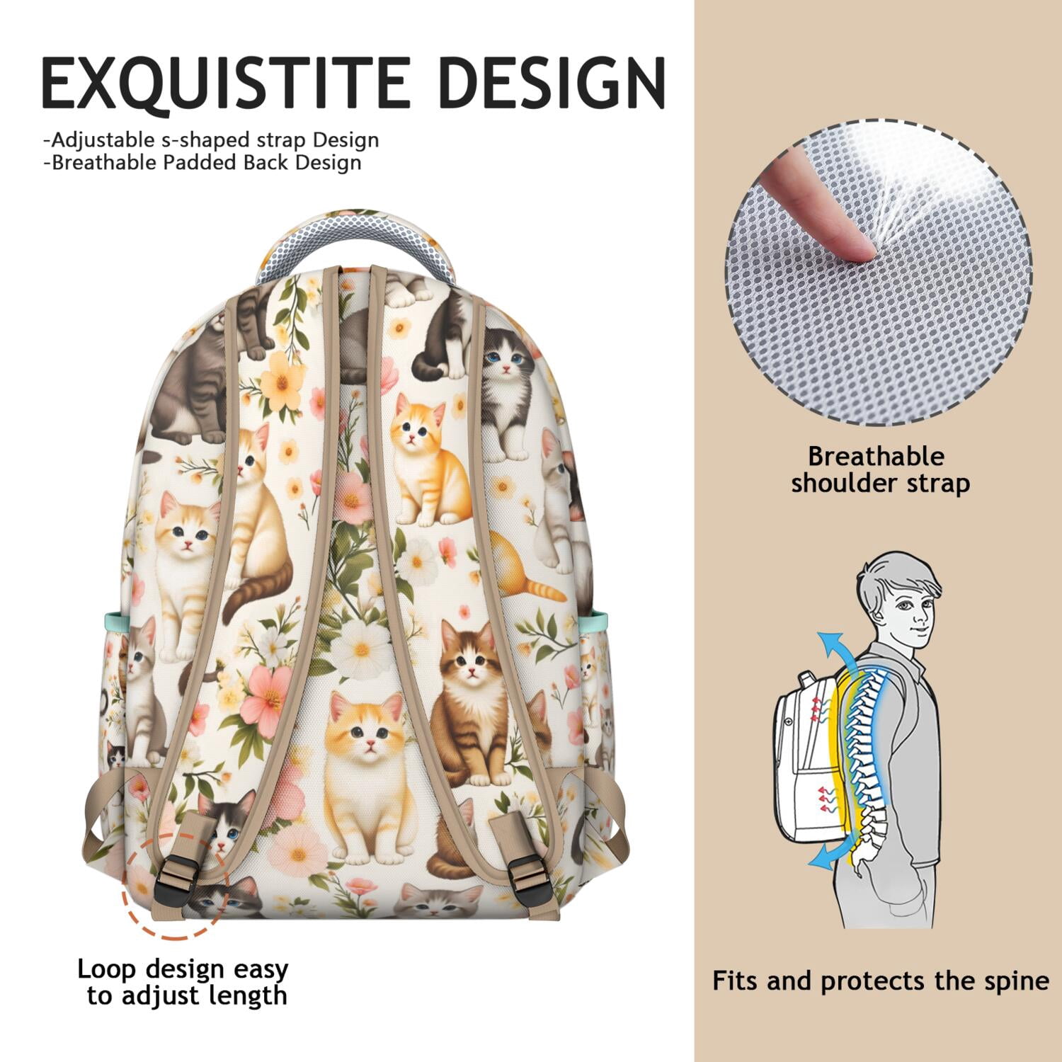 Pet Lover's Waterproof Backpack - Cute Cat Illustration, Ergonomic Design with Spinal Support