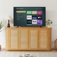 thumbnail image 5 of 64-Inch Wave Shaped TV Stand with Rounded Corner Sideboard – Wood Vertical Striped Storage Cabinet & Buffet, Rattan Doors, Natural, 64''W x 15''D x 31.5''H – Fits Kitchen/Bedroom/Entryway, 5 of 9