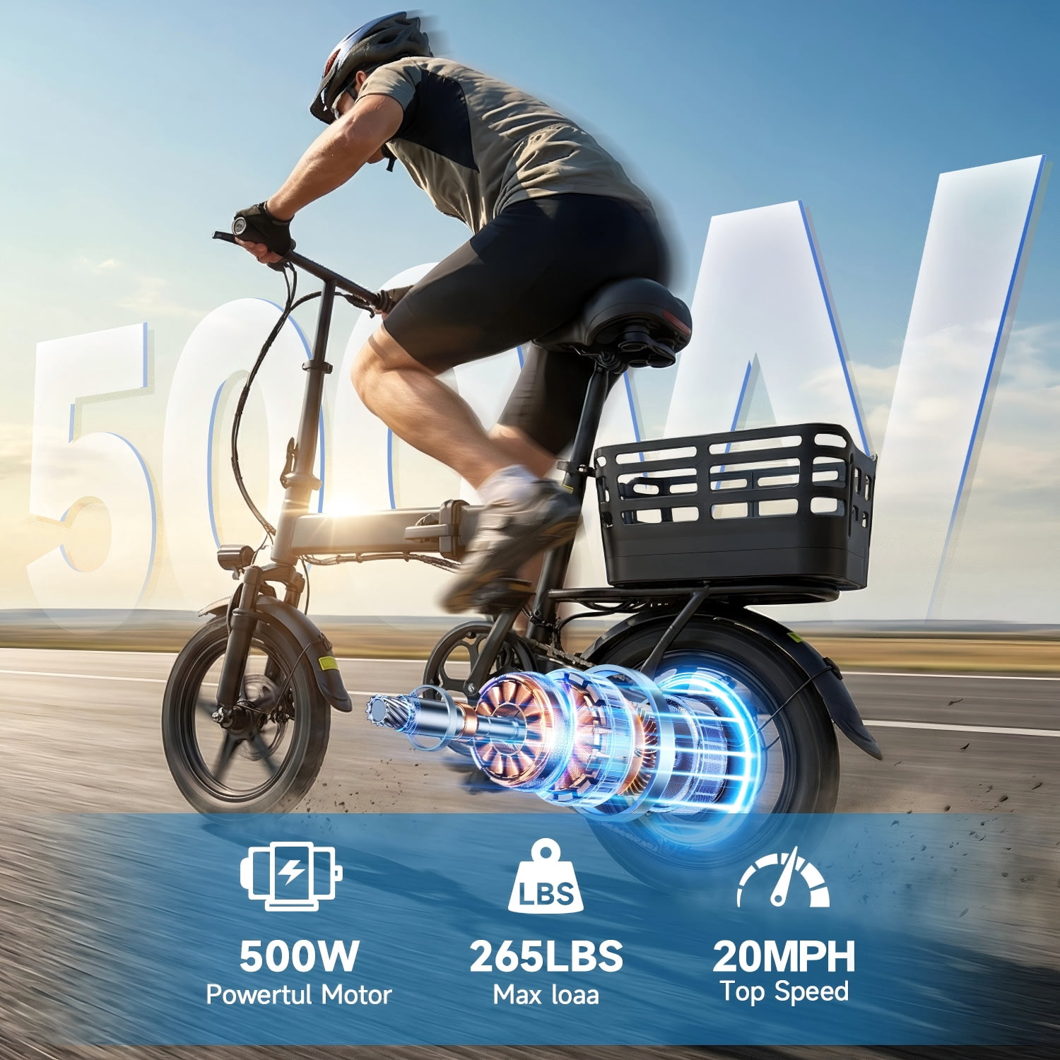 XKJ Electric Bike for Adults, Ebike, Electric Bicycle with 48V 12AH Battery,14" Folding Ebike for Teens, 21MPH,20+ Miles(MAX),500W Motor,Multi-Shock Absorption,Mini E Bikes with Baskets,UL2849