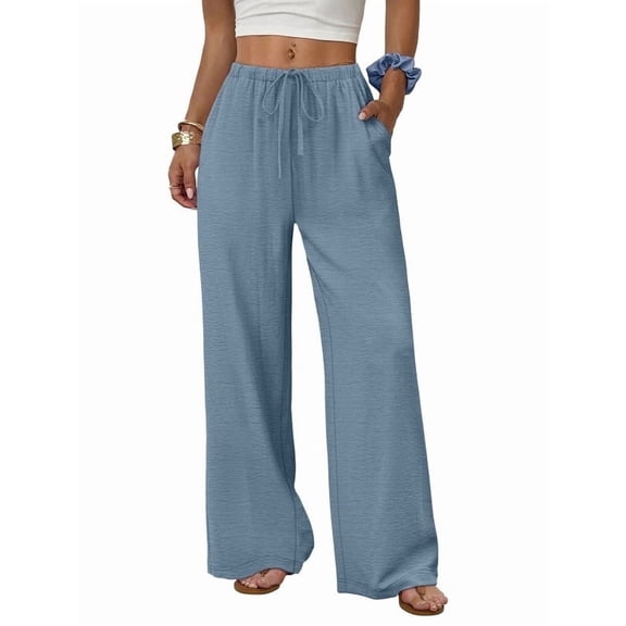 Wiholl Wide Leg Pants for Women Linen Pants Palazzo Drawstring Elastic Waist Trousers with Pockets Fall Beach Vacation Clothes
