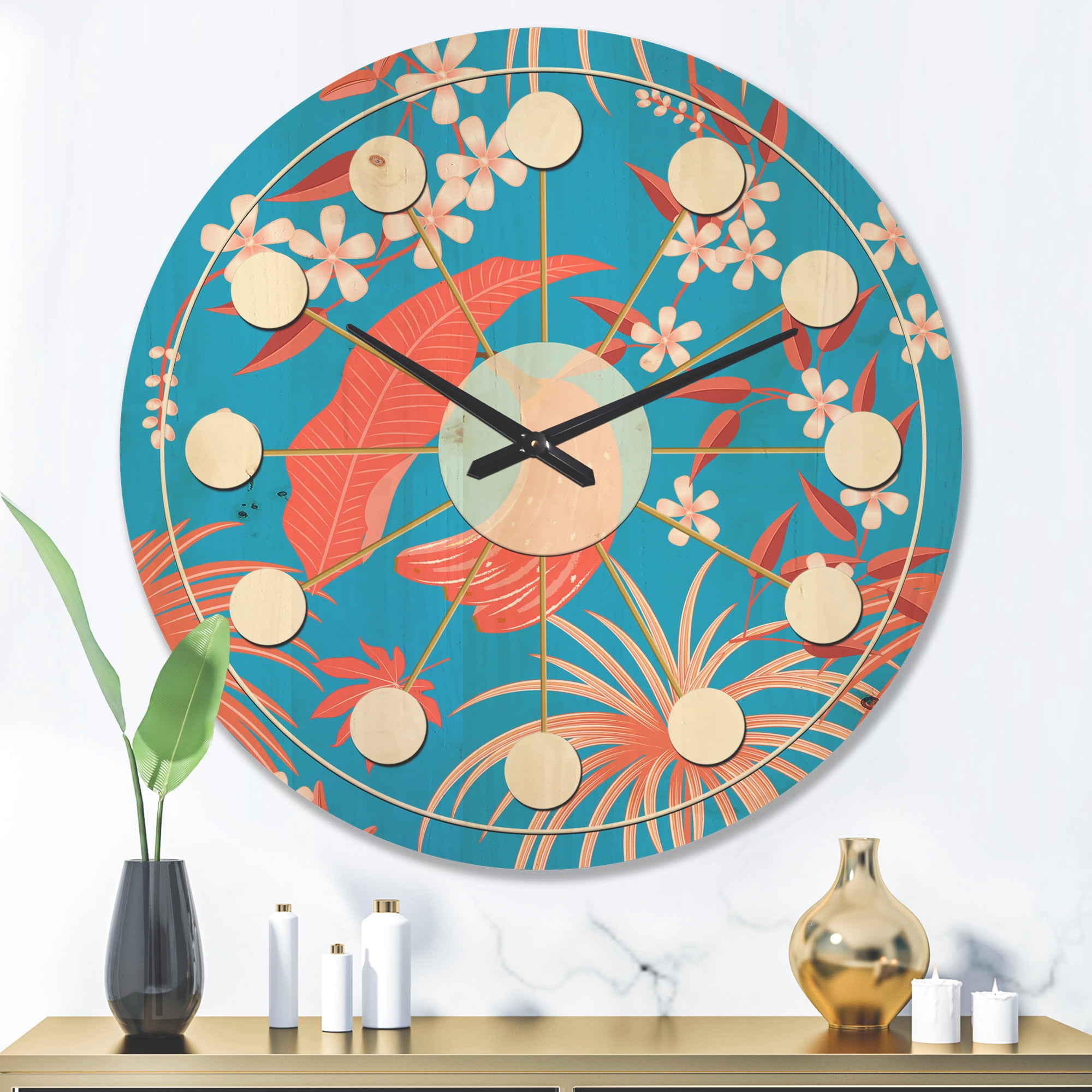 Designart 'Retro Tropical Foliage Coral II' Mid-Century Modern Wood Wall Clock