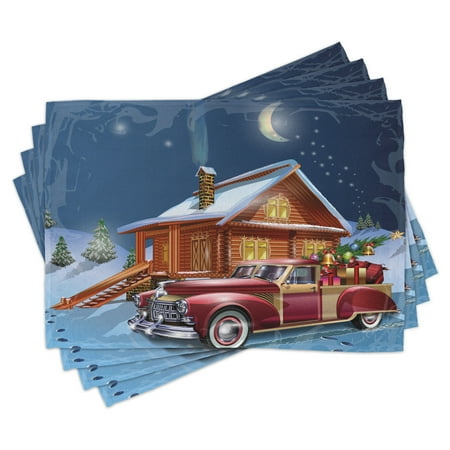 

Christmas Placemats Set of 4 Wooden Lodge with Classic American Truck and Tree Gifts Starry Sky Winter Snow Washable Fabric Place Mats for Dining Room Kitchen Table Decor Multicolor by Ambesonne