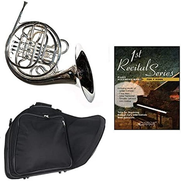 Band Directors Choice Silver Plated Double French Horn Key of F/Bb - First Recital Series French Horn Pack; Includes Intermediate French Horn, Case, Accessories & Book