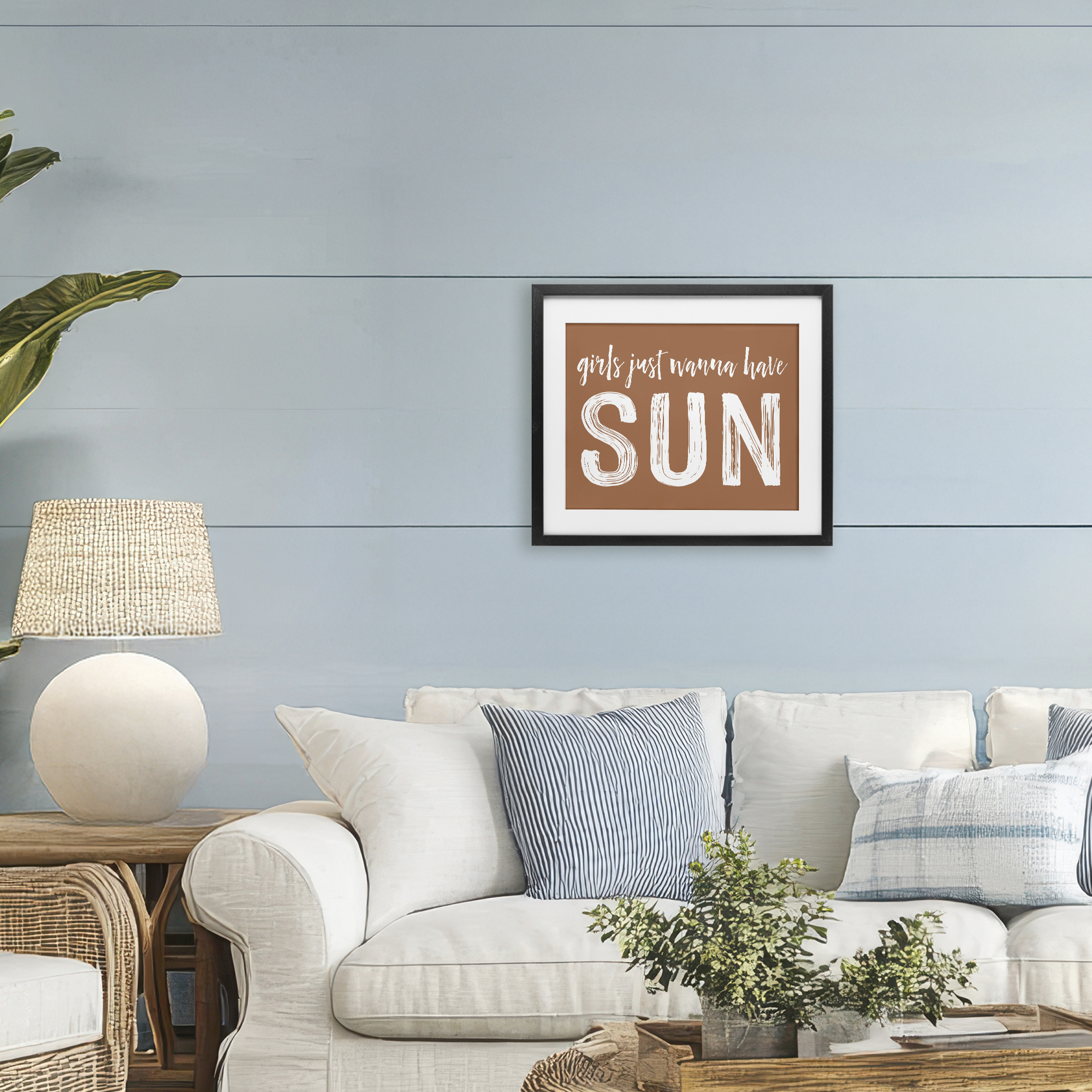 Girls Wanna Have Sun Brown Black Framed Print Under Glass, design by Lettered and Lined