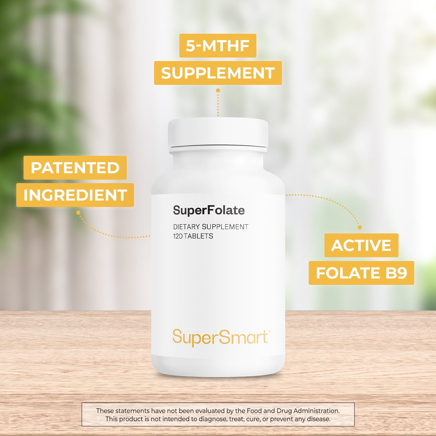 SuperSmart SuperFolate 400mcg / 4g per Day (Patented & Bioavailable) - Quatrefolic 5-MTHF Supplement - Active Folate Vitamin B9 | Non-GMO & Gluten Free - 120 Tablets