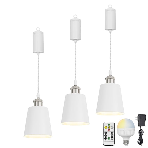 KAYYELAMP 3Pcs Remote Dimmable Rechargeable Battery 3.2Ft Adjusted Cord Hanging Light Bright Nickel Base White Metal Barrel Lampshade Vintage Design for Home Kitchen Bedside