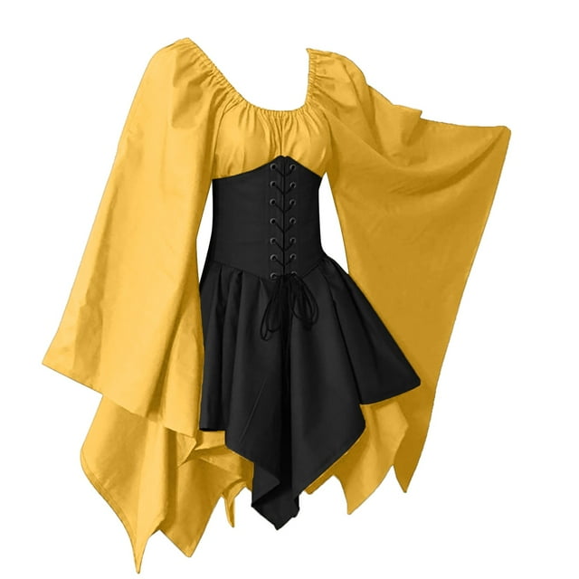 2025 Robe Médiévale pour Femmes Robe Midi en Lin Robe Chemise à Manches Trompette avec Corset Robe Traditionnelle Femmes Rétro à Manches Longues Corset
