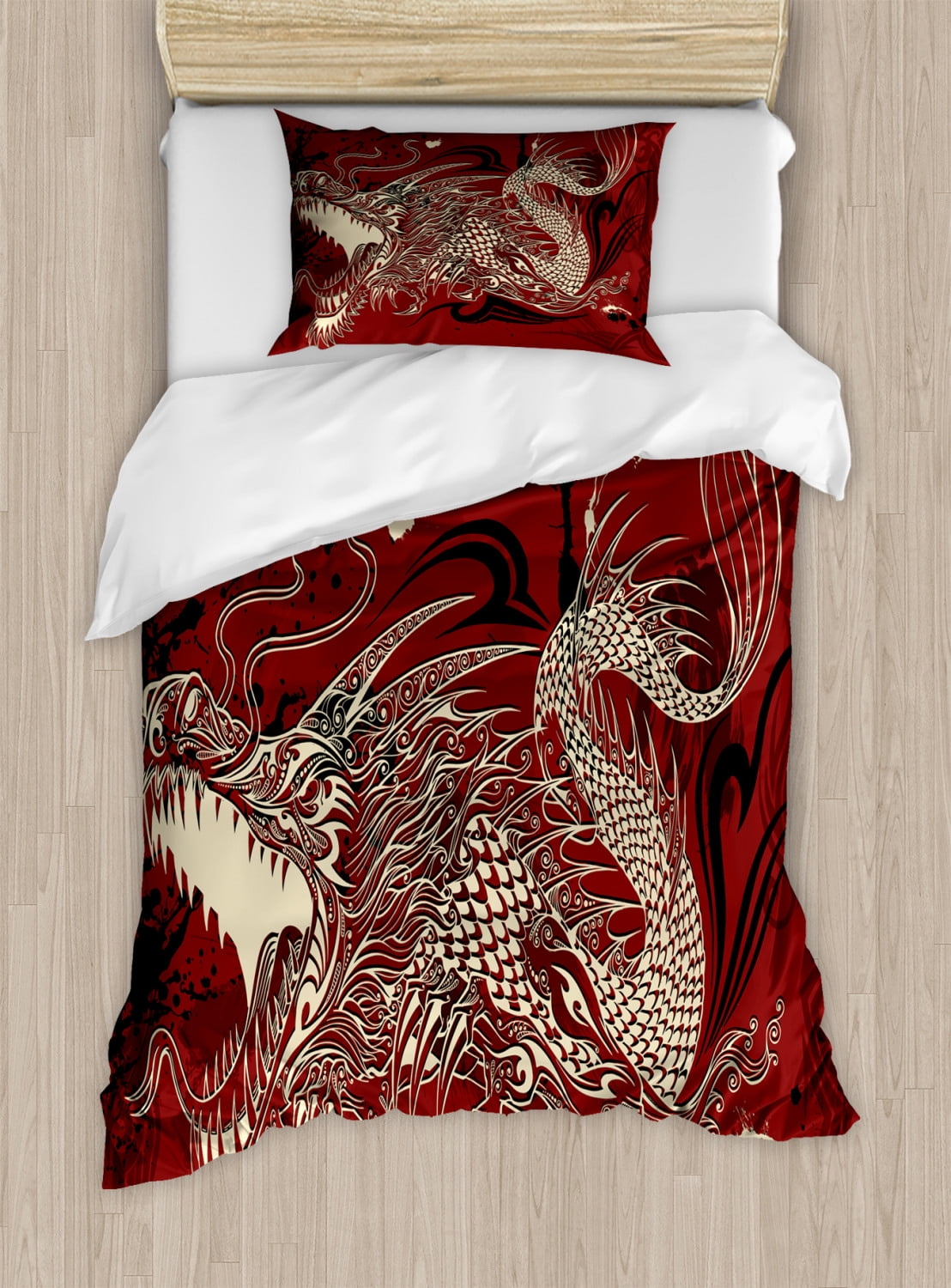 Dragon Duvet Cover Set, Angry Dragon Doodle on Grunge Background