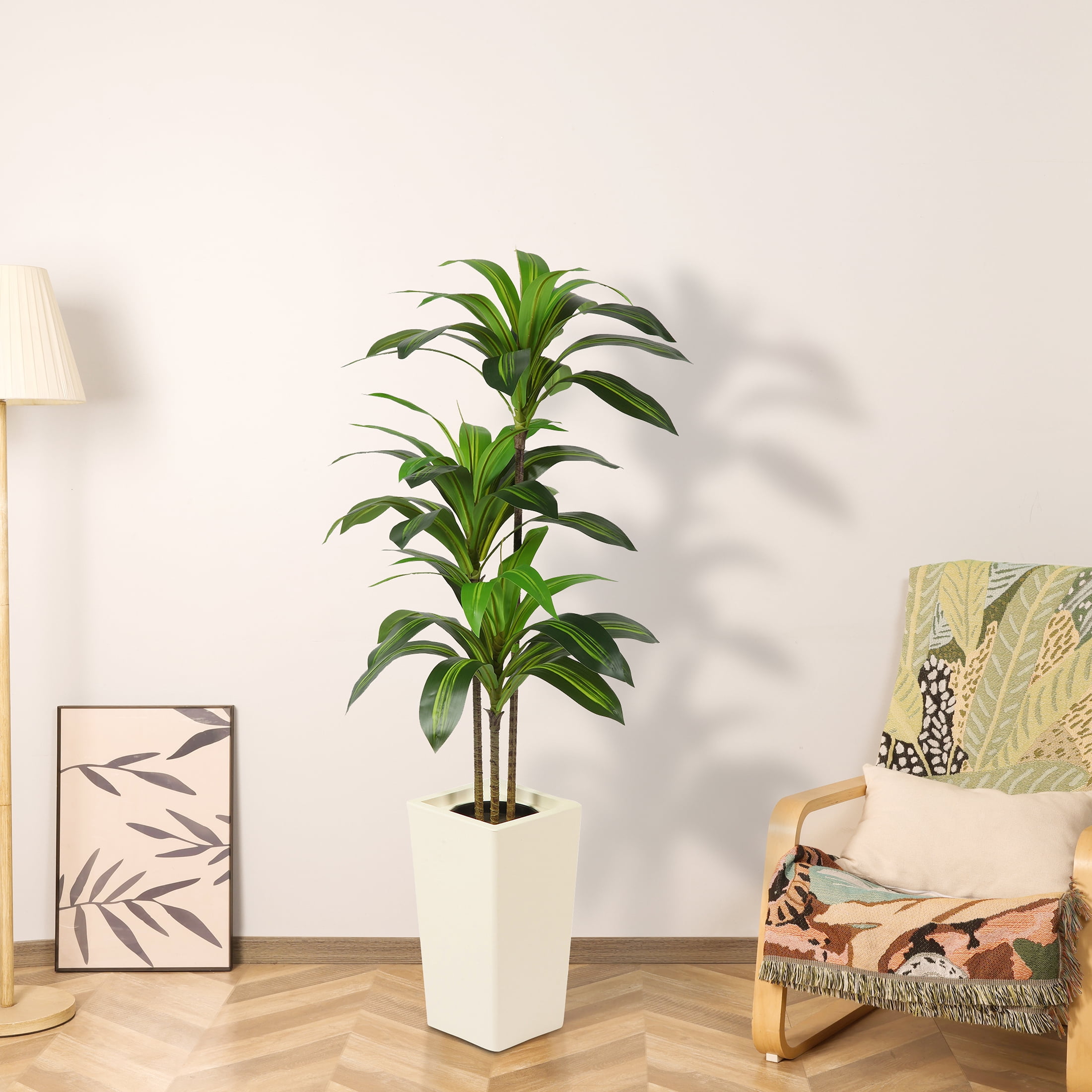 HiPlants 5 FT Artificial Dracaena Plant， Faux Dracaena Tree in White Taper Planter with River Rock, Tall Fake Trees with Adjustable Branches for Indoor Home Decor, Office, Pet-Friendly Spaces