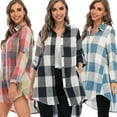 thumbnail image 3 of Camisa a cuadros para mujer con mangas largas enrolladas Bolsillos con botones Cuello vuelto MABOTO Negro/3X-grande, 3 of 7