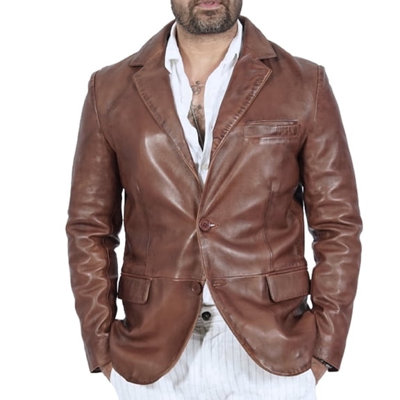 Boston Harbour Harper 2 Button Brown Blazer Leather Jacket Mens - Mens Real Leather Jacket with Patch Pockets