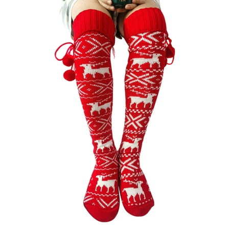 

Women Over Knee Elk Snowman Patterns Knitted Socks Christmas Stack With Hair Ball Warm Xmas Decoration Winter Gray Snowflake