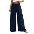 thumbnail image 6 of Bloomae Women Flowy Palazzo Pants Summer Boho Bagyy Wide Leg Elastic High Smocked Waist Casual Loose Comfy Lounge Trousers with Pockets Dark Blue S, 6 of 7