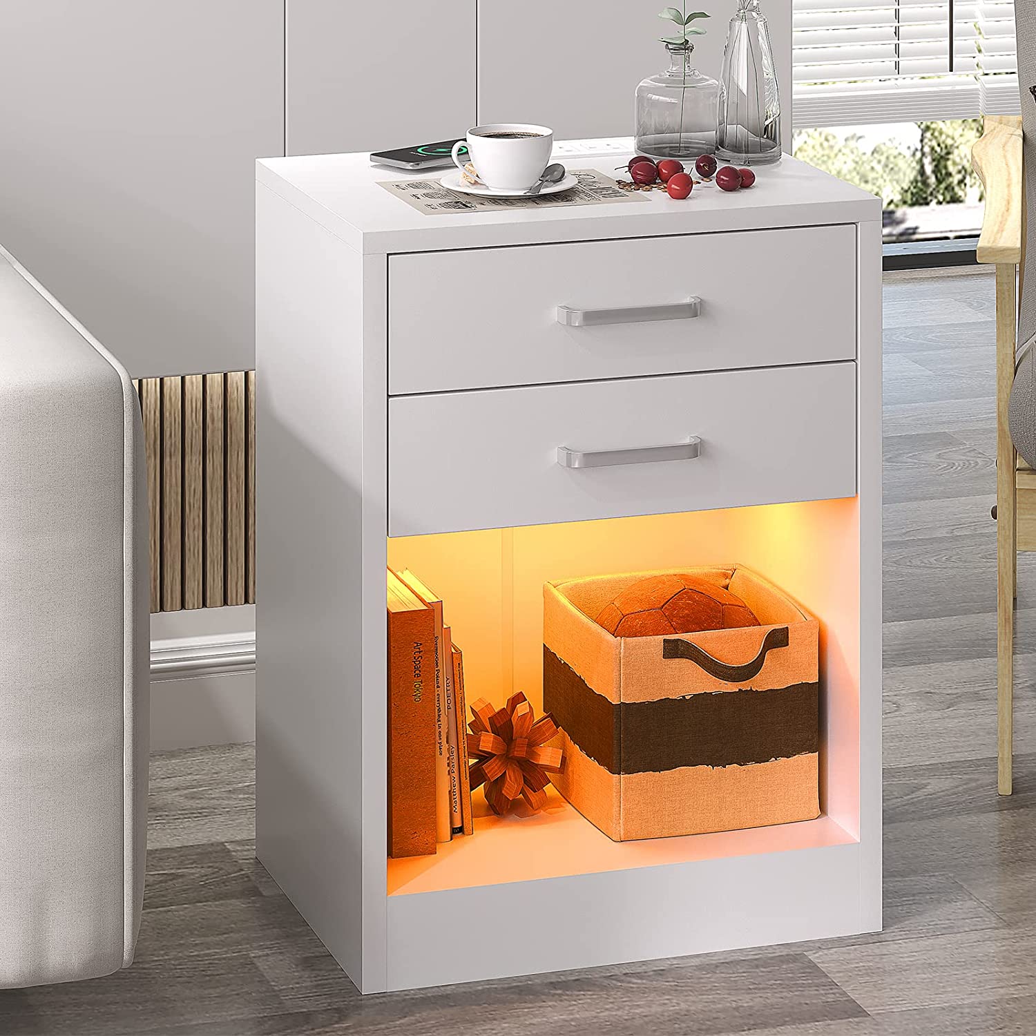 ADORNEVE LED Nightstand with Wireless Charging Station, Bedside Table