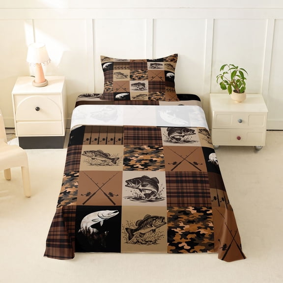 Feelyou Fishing Bass Twin Sheet Sets for Men Kids Boys, Rustic Brown Camo Plaid Bedding, 3pcs