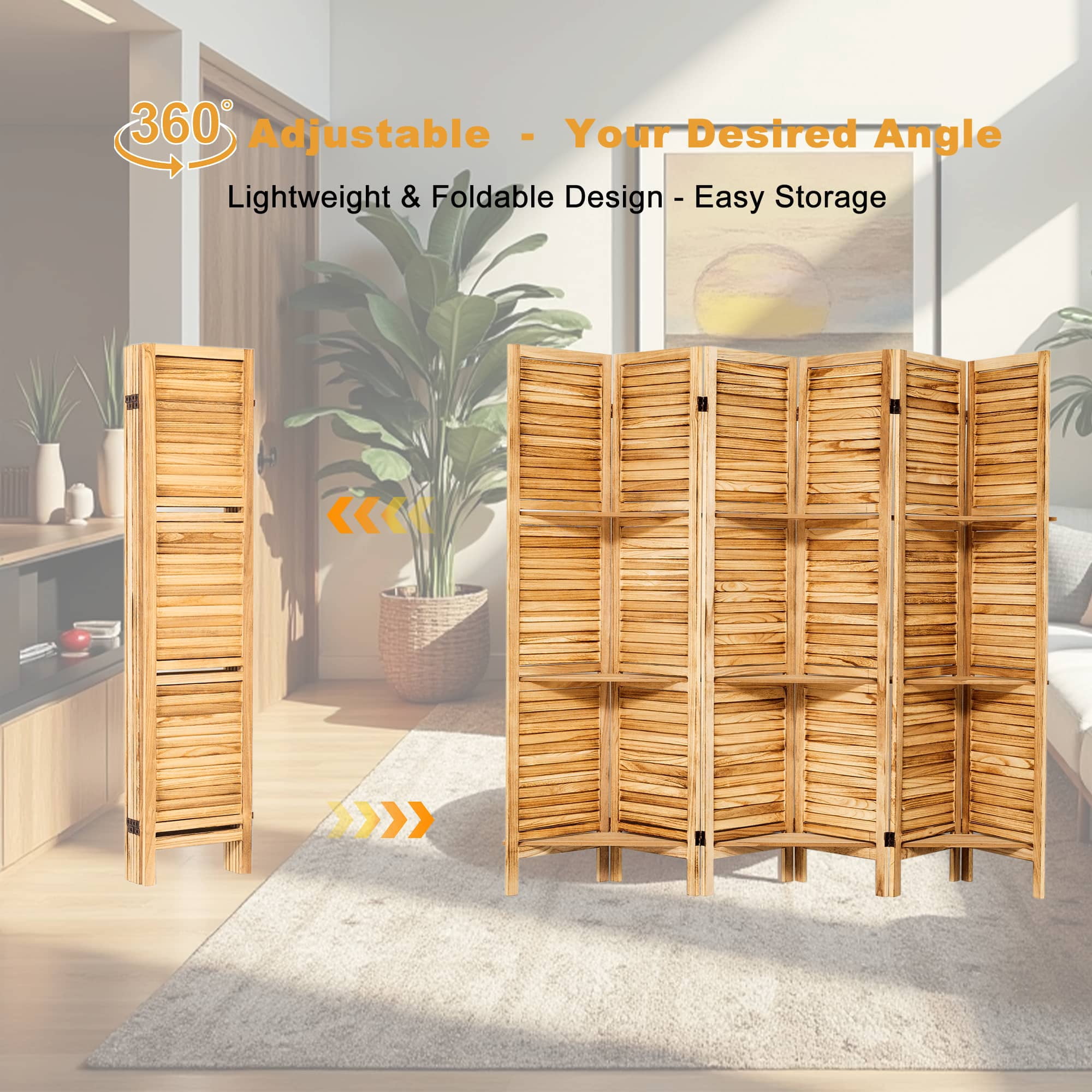 MAYEERTY 6 Panel Wood Room Divider with Display Shelves, Freestanding Privacy Screen, Natural Color