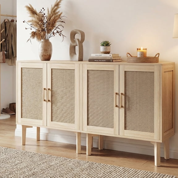 Buffet Cabinet, Rattan Decor Doors Solid Wood Feet Multifunctional Sideboard Cabinet with Internal Shelves, for Dining Room Kitchen
