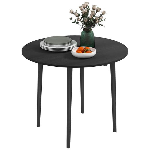 Dranite 35" Round Drop Leaf Dining Table, Distressed Black Solid Wood, Folding Legs