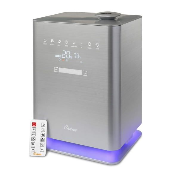 Crane Warm & Cool Mist Top Fill Humidifier with Remote, 1.2 Gallon, 500 Sq. Ft Coverage, UV Ionizing Light, Metallic