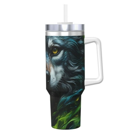 

Uemuo Realistic Style Green Fur Wolf Print 40oz Ice Bully With Handle And Straw Stainless Steel Vacuum Insulated Cup And 2 In 1 Straw Lid Insulated Travel Tumbler