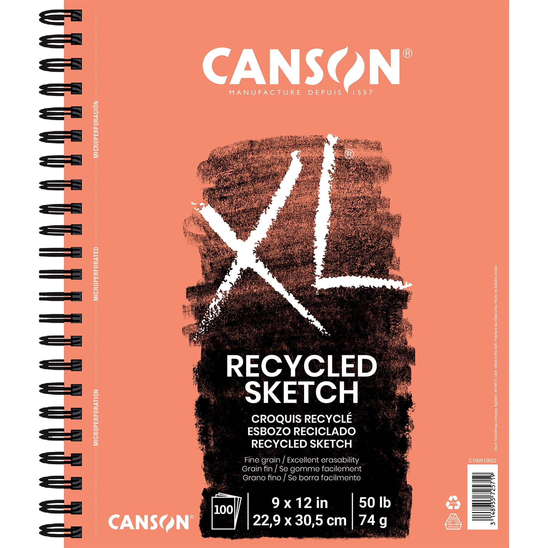 Canson XL Series Sketch Pad, Recycled, Side Wire Binding, 100 Sheet, 9x12 inch, Pack of 2