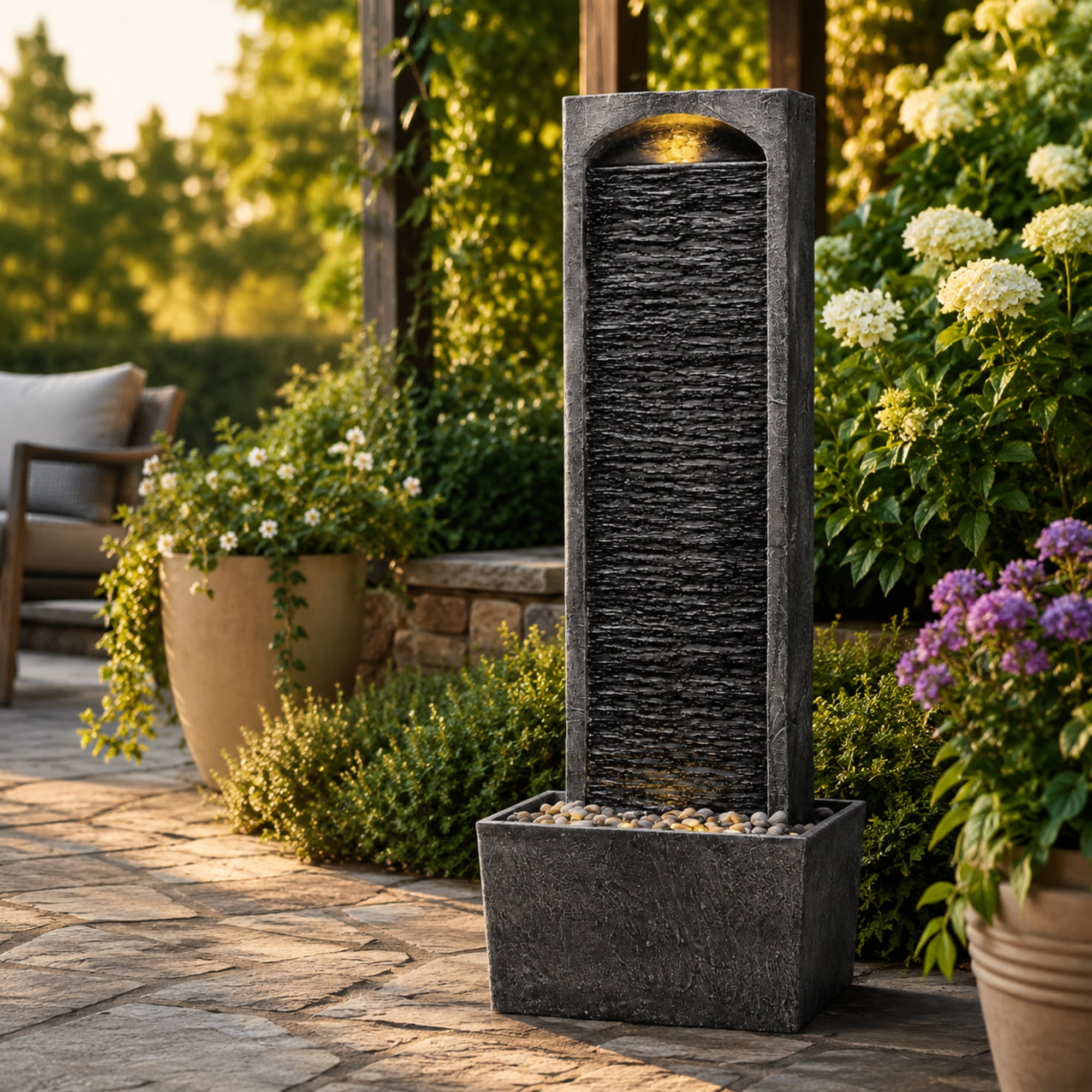 Teamson Home 38.5" Faux Slate Contemporary Outdoor LED Waterfall Fountain with Pebble Base, Gray/Black