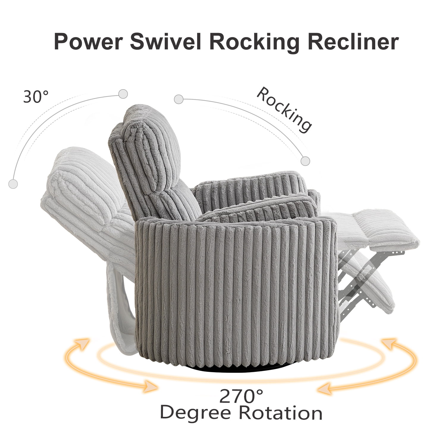 Adult Faux Fur Nursery Power Swivel Glider and USB Recliners with 2 Removable Pillows, Gray
