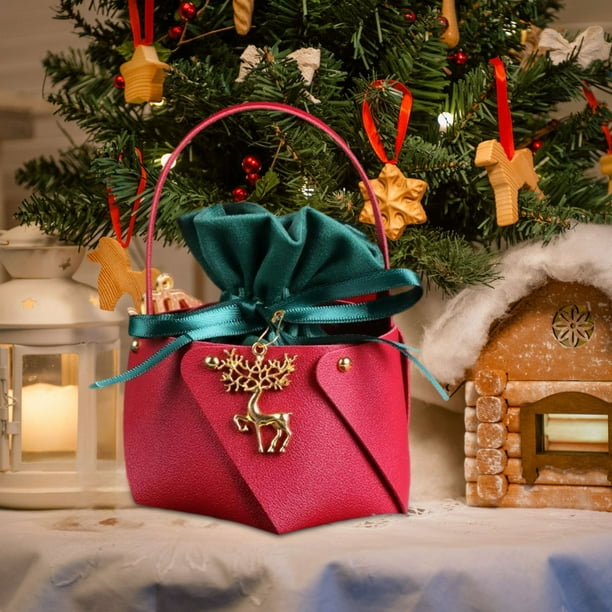 Bolsa de regalo de cuero de Navidad | Bolsita de caramelos de terciopelo y franela navideña | Bolsa festiva Rojo Verde con Asas | Decoración navideña reutilizable | 10x8cm | 1 Conjunto