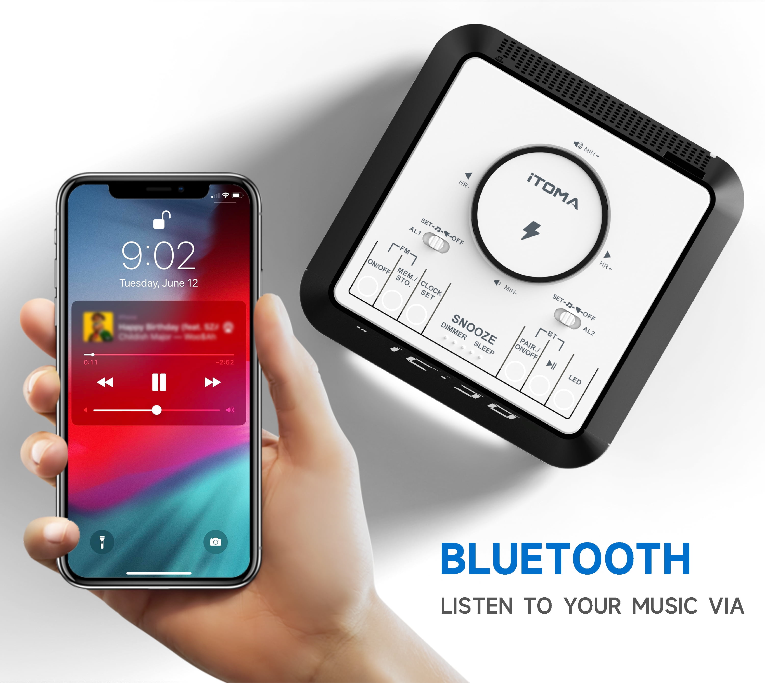 Alarm Clock with Wireless Charging, Clock Radio with Bluetooth Speaker, Dual Alarm with Snooze, USB Charging, Night Light and Dimmable Display iTOMA
