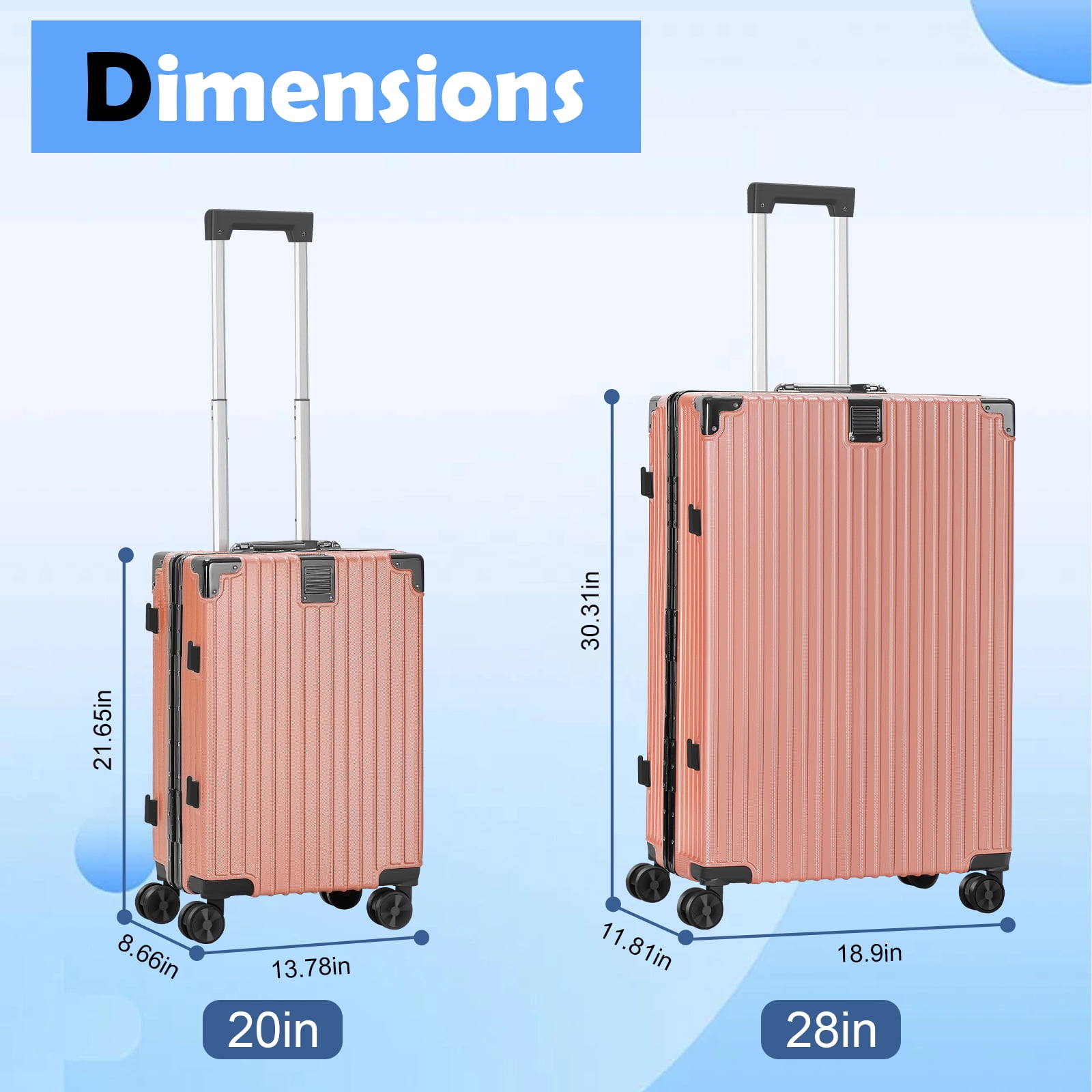 2-Piece Hardshell Luggage Set, 20& 28" Aluminum Frame Hardshell Spinner Luggage, Airline Approved Carry-On Luggage, TSA Lock, 360° Quiet Wheels, Large Suitcase for Travel