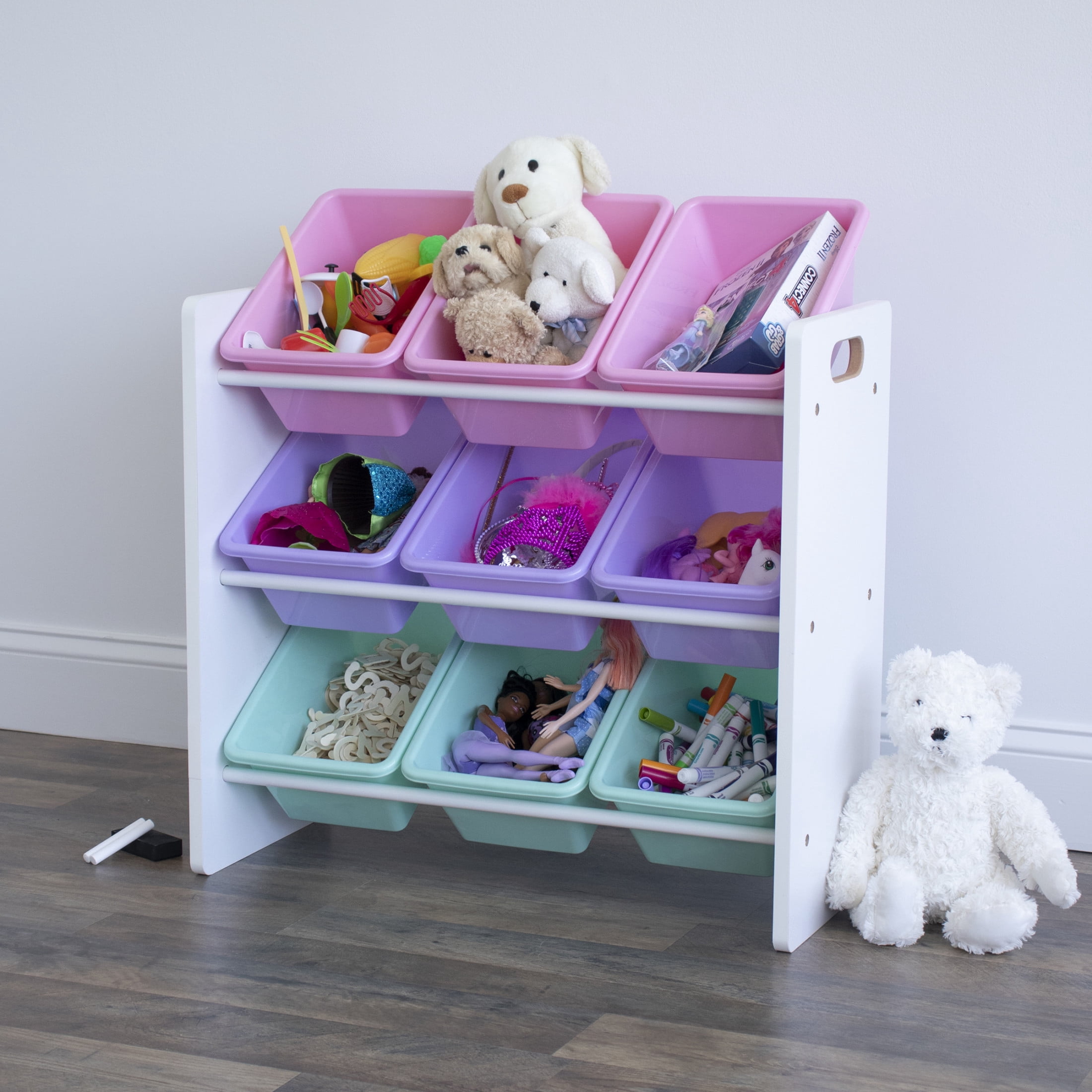 Humble Crew Kid's 9 Plastic Bin Toy Storage Organizer with Chalkboard Side Panel, Multi Color