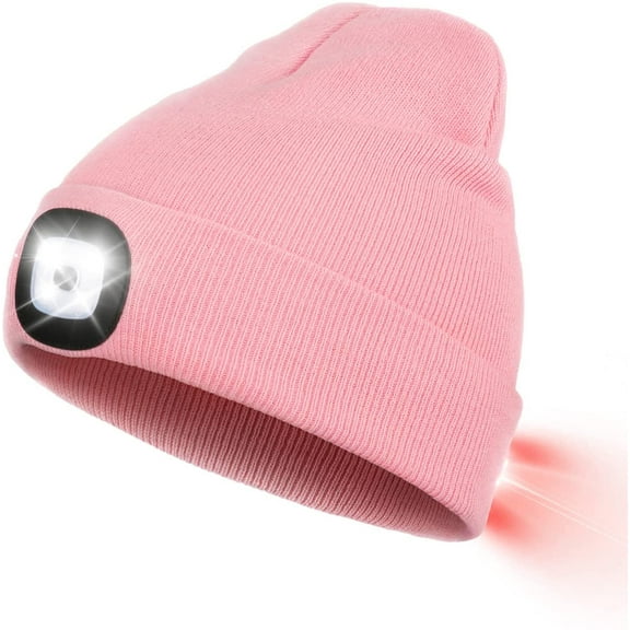 Morttic Unisex Beanie Hat with Light, USB Rechargeable Winter Knit Lighted Headlight Headlamp Cap Flashlight Hat with 3 Brightness Levels Lighting and Flashing Alarm,Gifts for Men Women (Pink)