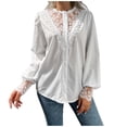 thumbnail image 1 of Shirts for Women V Neck Lace Patchwork Lantern Long Sleeve Solid Color Button Front Cardigan Blouse Fall Tops, 1 of 7