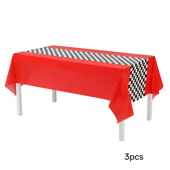 AUQ 3Pcs Checkered Race Car Table Runner,Portable Plastic Tablecloth for Racing Birthday Party Decor Favor Supplies Red