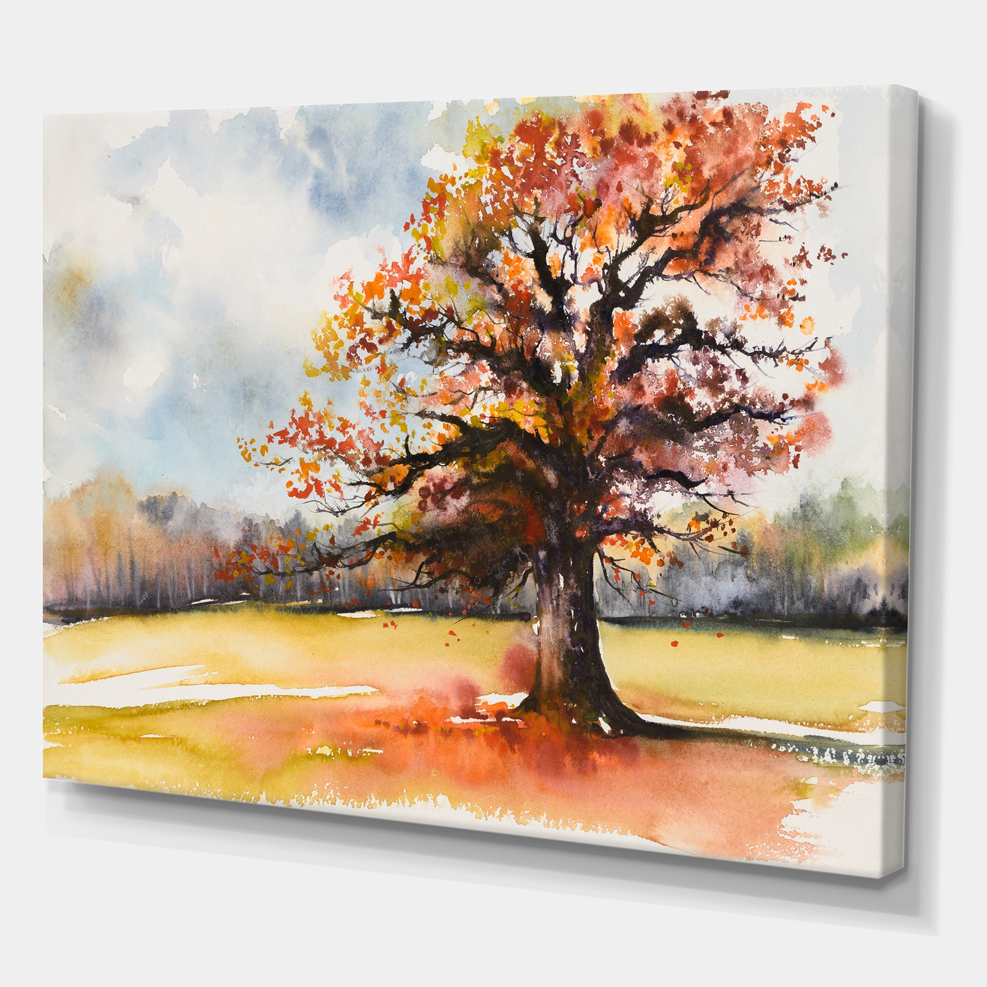 Designart ' Lone Oak Tree In The Fields With Autum Leaves ' Traditional Canvas Wall Art Print