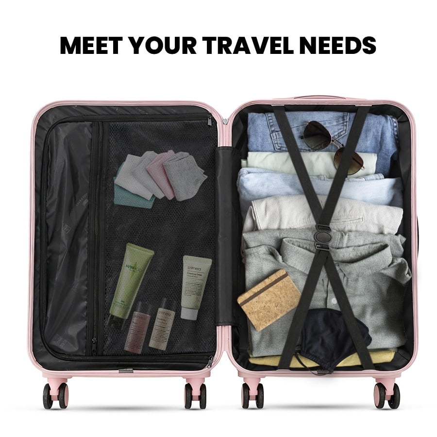 4-Piece Set ABS PC Hard Shell Luggage Travel Set with 360 Spinner Wheels,USB Charger,TSA Lock & Cup Holder,Pink