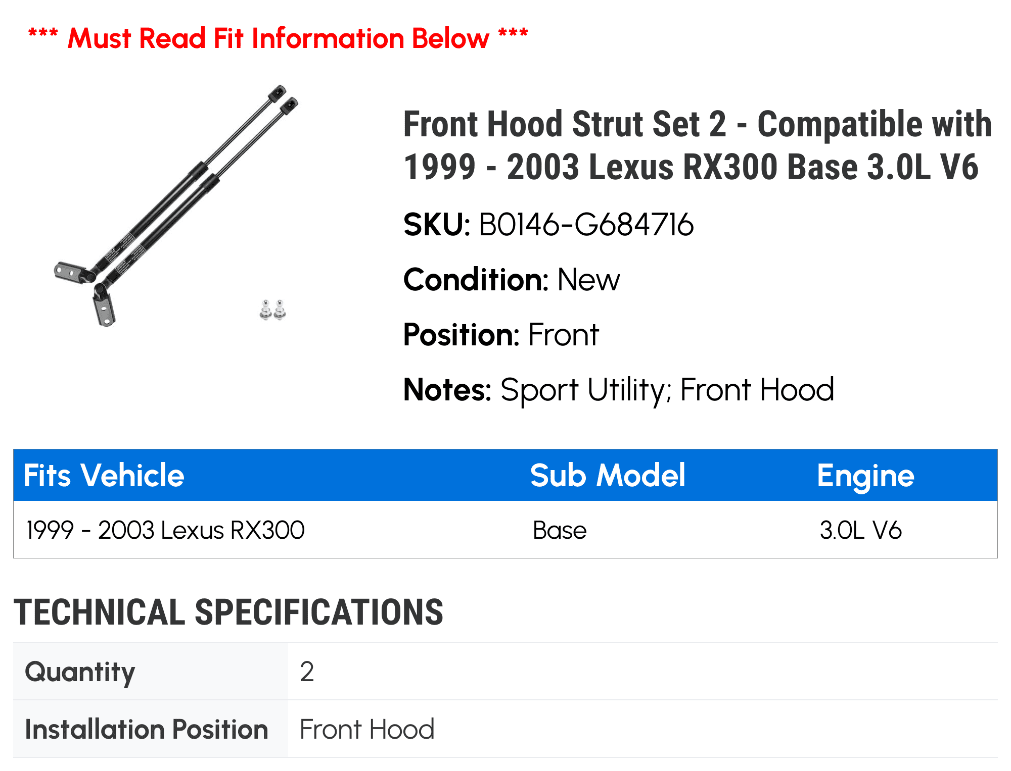 Front Hood Strut Set 2 - Compatible with 1999 - 2003 Lexus RX300 Base 3.0L V6 - Autopart Premium