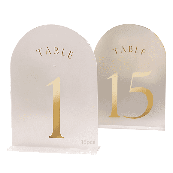 15 Pcs Acrylic Table Numbers, Frosted Arch-Shaped Wedding Reception Decor, Gold Numbers, 7 x 5 in / 18.1 x 12.7 cm, with Bases, for Parties, Banquets