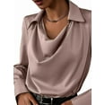 thumbnail image 3 of Women'S Elegant Satin Silk Blouse Cowl Neck Ruched Front Draped Long Sleeve Work Office Shirt Top Lotus Root Pink XL, 3 of 6