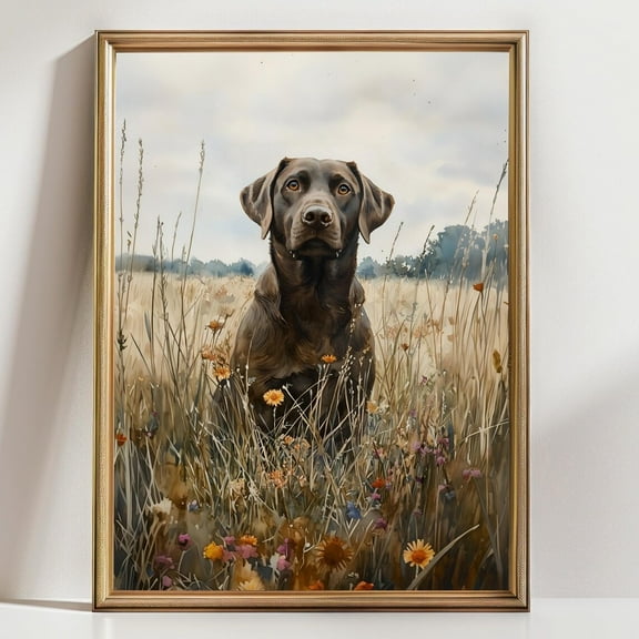 Chocolate Labrador In Wildflower Field Dog Wall Art Print, Rustic Pet Portrait, Country Home Decor, Labrador Retriever Poster Wall Art, Modern Wall Decor, 8x12 UNFRAMED