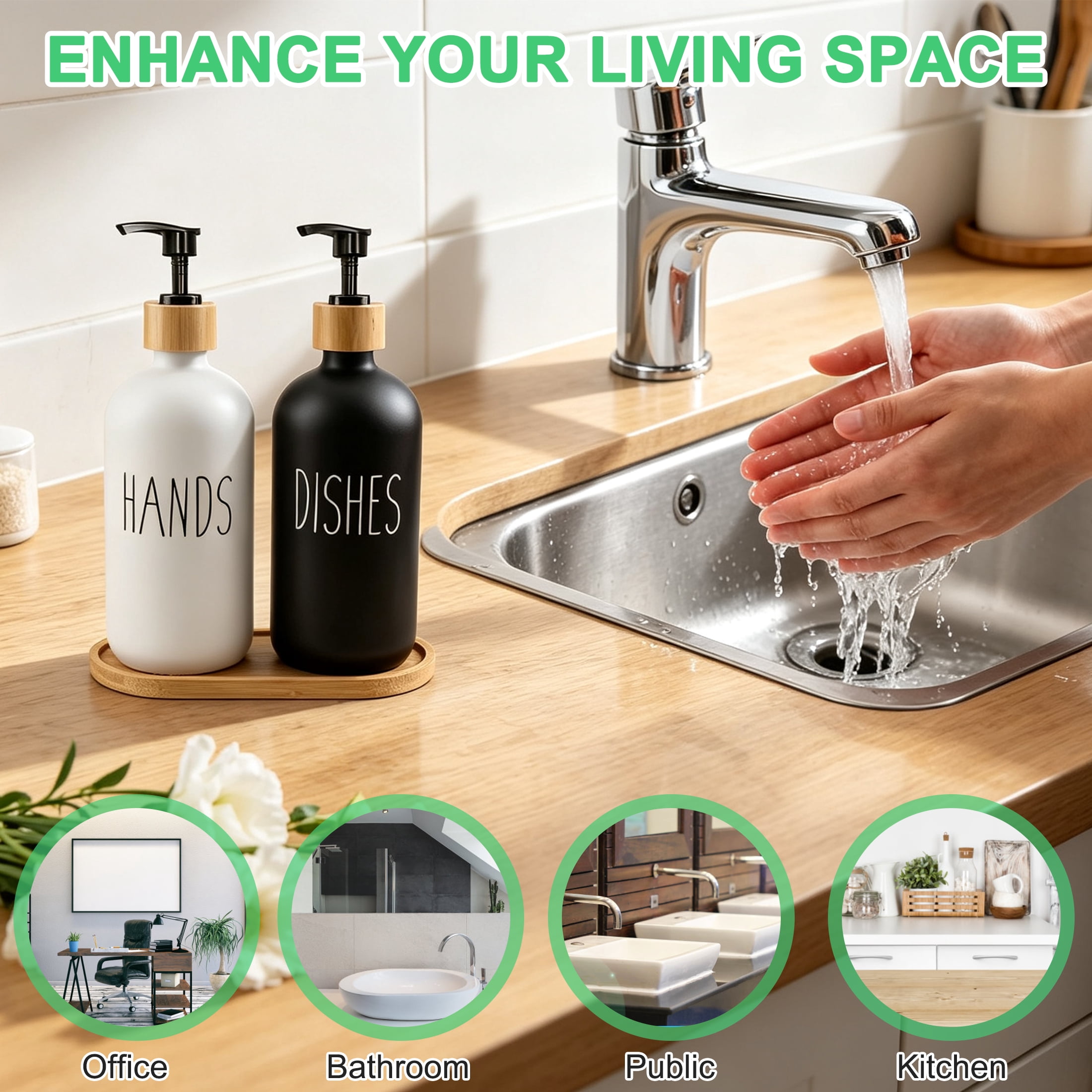 CISILOV Glass Soap Dispenser Set, Hand Soap & Dish Soap Bottles with Tray, Matte Black & White Frosted Glass Soap Bottles for Kitchen Sink Bathroom Countertop