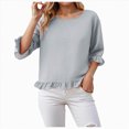 thumbnail image 2 of Towmus Womens 3/4 Sleeve Tops Knit Cotton Ladies Blouses Crew Neck T Shirts for Women Loose Fit Ruffle Sleeve Tunic Tops, M, Grey, 2 of 8