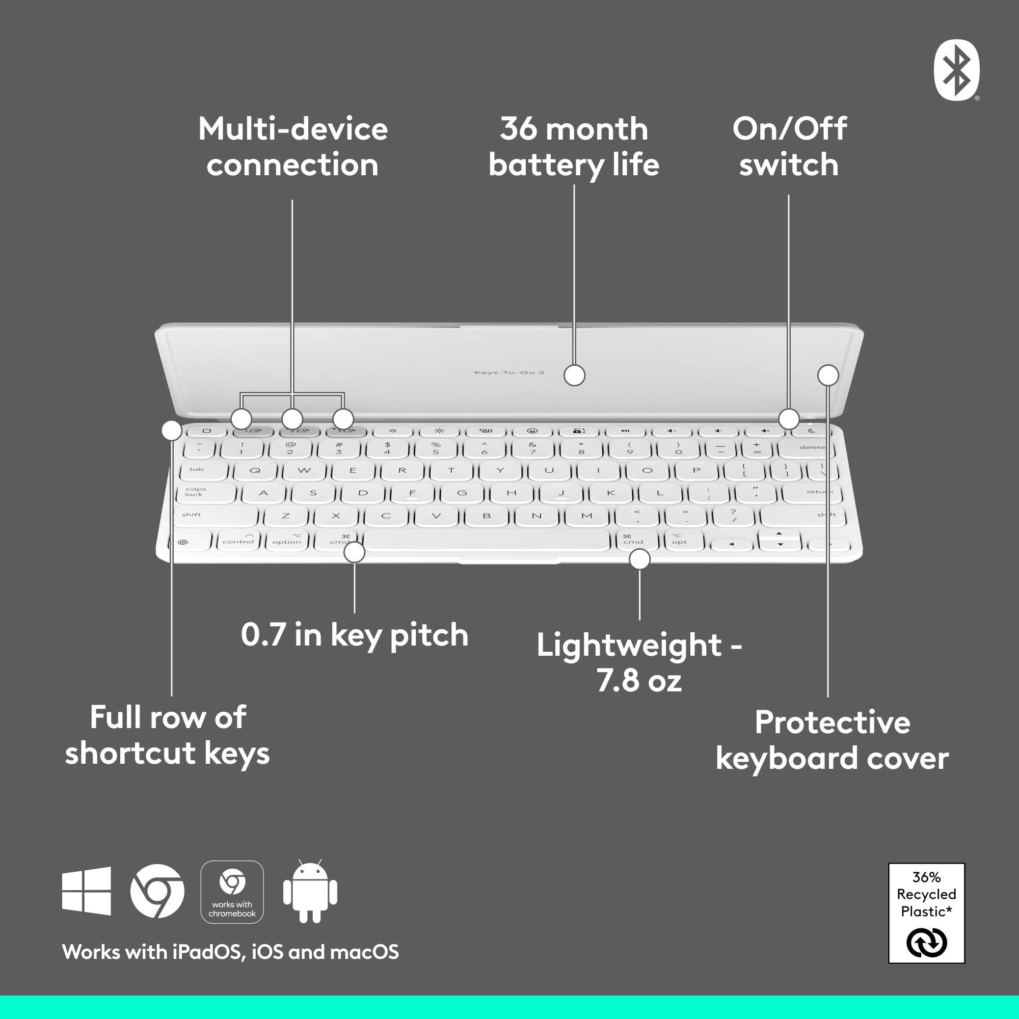 Logitech Keys-To-Go 2 Portable Bluetooth Keyboard for Tablet With Built-in Cover, Slim and Compact Wireless Keyboard for Windows, Android, Linux, iPad, iPhone, Mac, Apple TV, Pale Gray