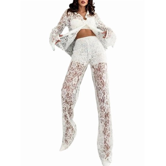 2 Piece Lace Outfits for Women Floral Sheer Tie Frone Long Sleeve Crop Top and Pants Outfit White S