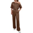 thumbnail image 2 of Women's Soild Color Satin Jumpsuit, Elegant Off Shoulder Wide Leg Romper with Side Pockets, High Waisted Casual Jumpsuits for Women Evening and Daily Wear Brown L, 2 of 5