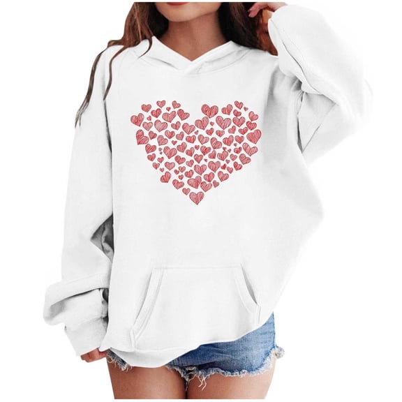Kids Valentine Hoodies Long Sleeve Festival Print Pullover Tops Holiday Casual Loose Hooded Sweatshirts With Pocket (13-14 Years, White-G)