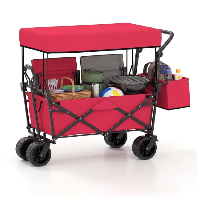 Gymax Collapsible Wagon w/Removable Canopy Adjustable Handles Detachable Storage Bag Red & Black