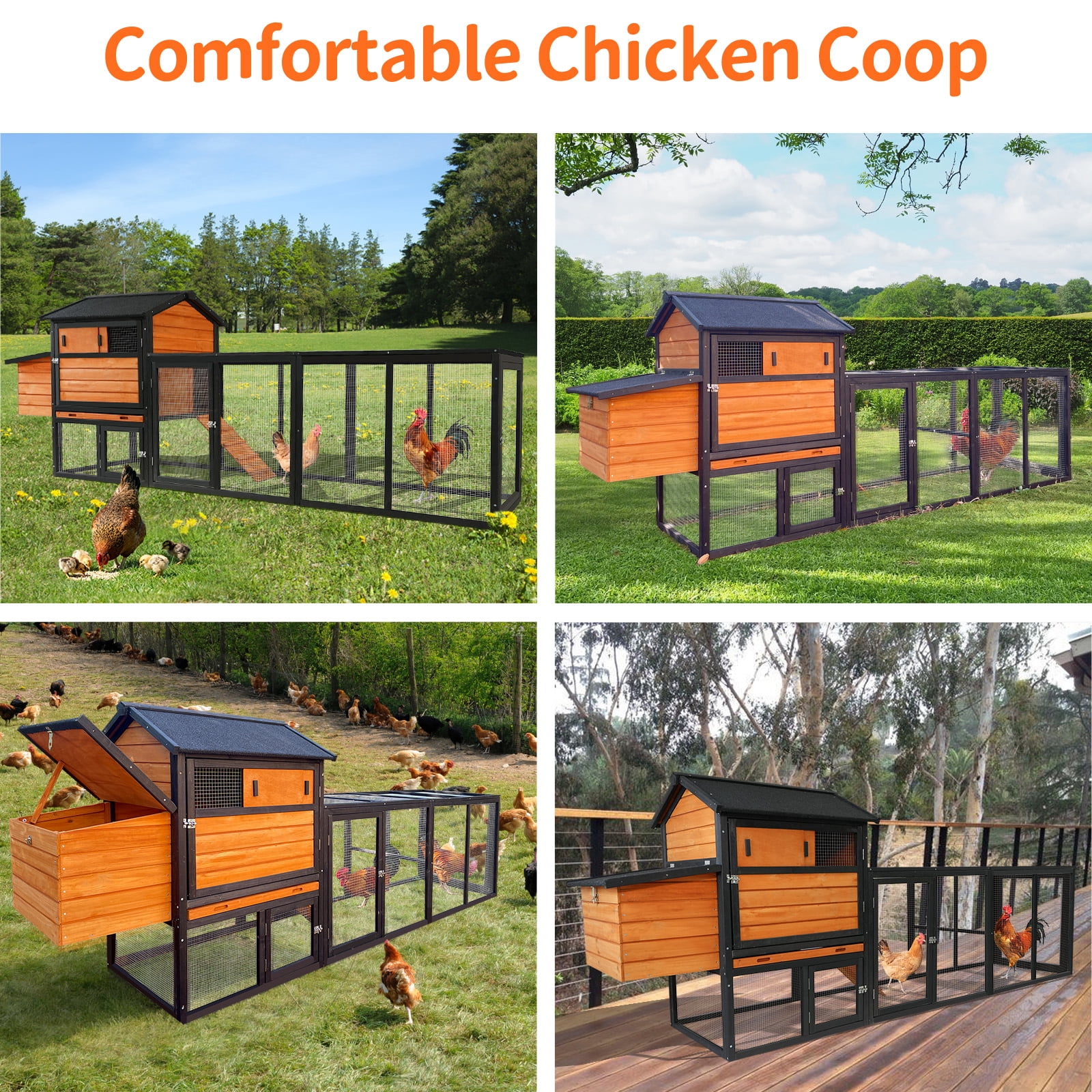 Wooden Chicken Coop, Large Outdoor Hen House with Run and Nesting Box Poultry Cage, Rabbit Hutch, Waterproof Anti-UV Panel for Backyard Black