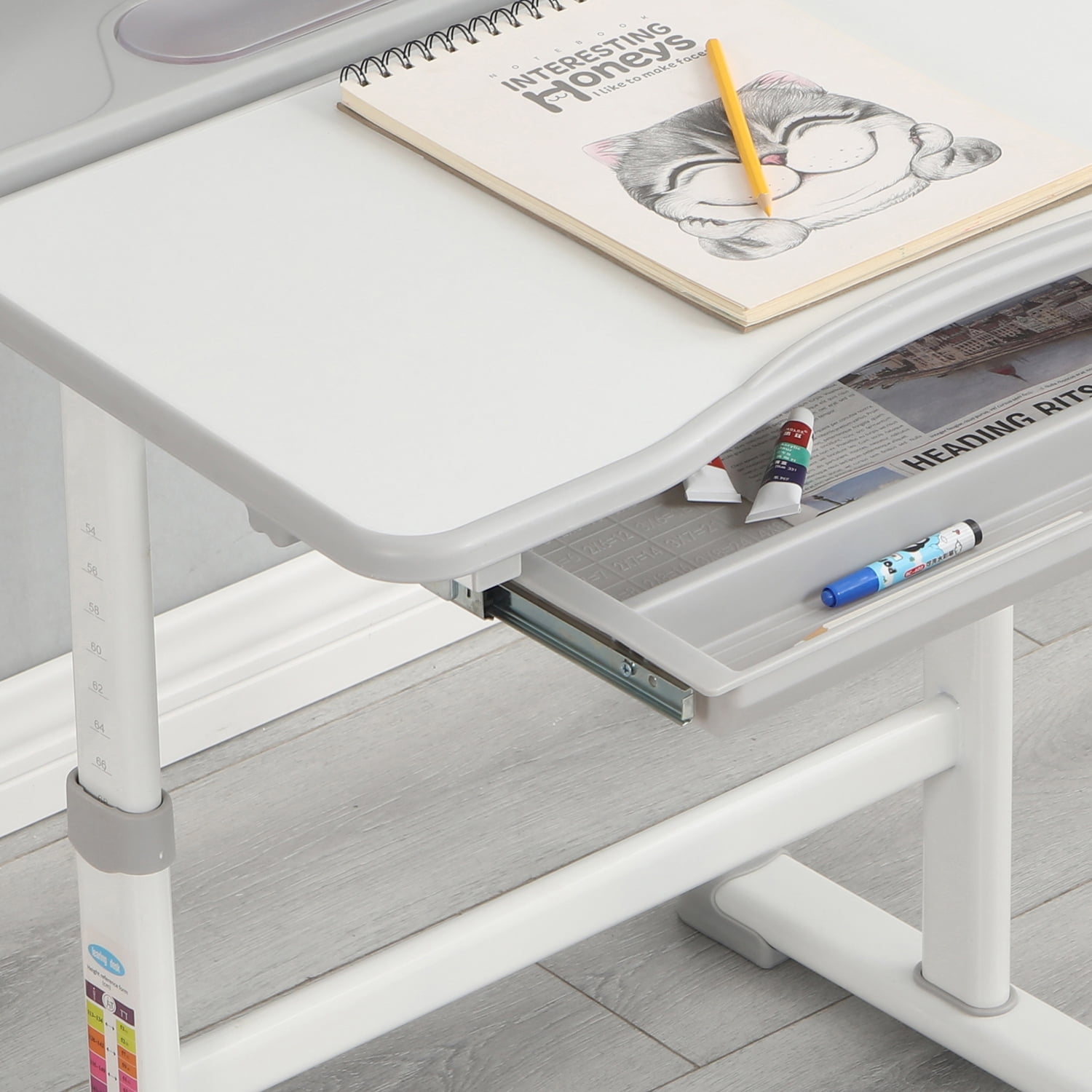 Kids Functional Desk and Chair Set,Height Adjustable Desk with Tilt Desktop,Bookstand,Pull-Out Storage Drawer(Gray) Kids Functional Desk and Chair Set,Height Adjustable Desk with Tilt Desktop,Bookstand,Pull-Out Storage Drawer(Gray)