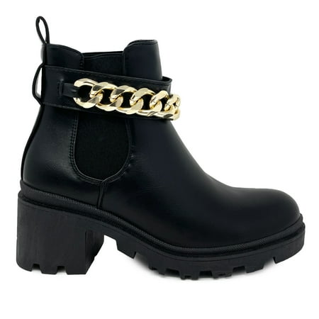 

SNJ Women s Lug Sole Mid Chunky Block Heel Fashion Elastic Panel Ankle Bootie
